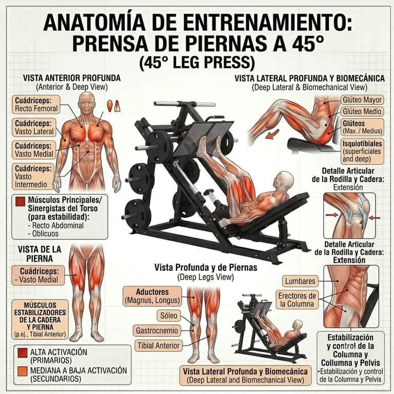 Diagrama anatómico mostrando ejercicio de leg press a 45 grados con grupos musculares etiquetados en español, incluyendo vistas anterior y lateral de los músculos trabajados