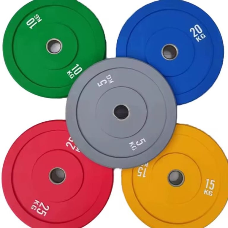 Set of five colorful weight plates arranged in a circle with varying kilogram weights labeled on each plate