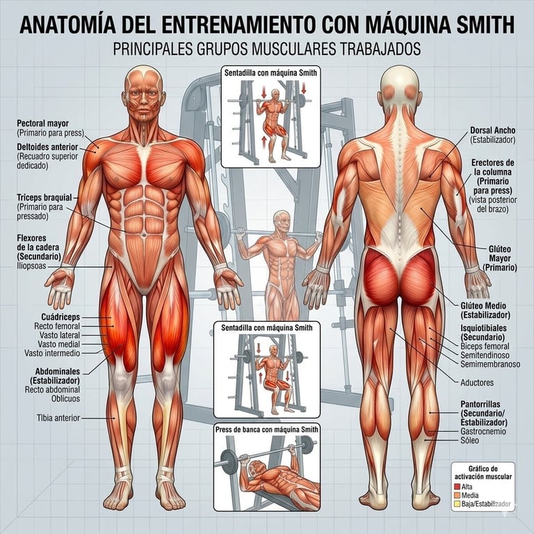 Diagrama anatómico mostrando grupos musculares trabajados con ejercicios de Smith Machine, con vistas frontal y posterior de la musculatura humana etiquetada en español