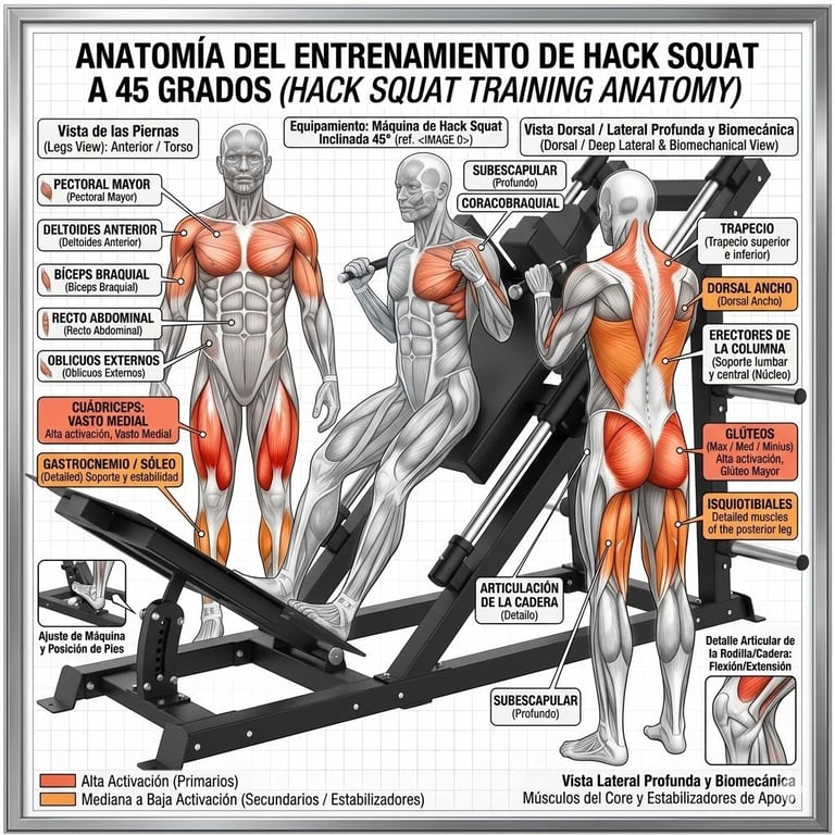 Diagrama anatómico que muestra los músculos trabajados durante el ejercicio hack squat a 45 grados, con vistas frontal y lateral resaltando los grupos musculares primarios y secundarios