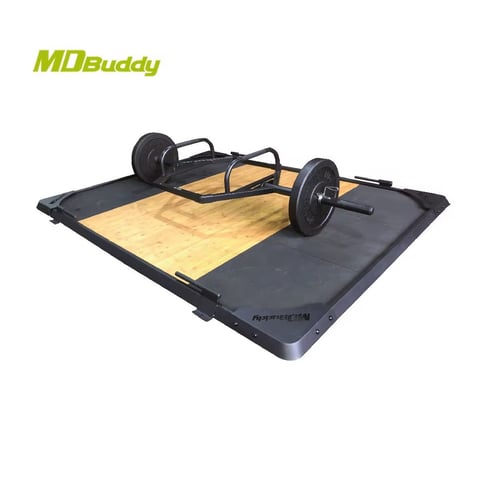 MD Buddy mobile workout sled with wooden platform, wheels, and handle bar