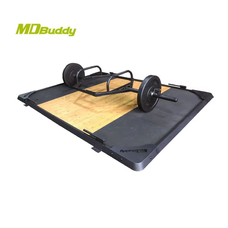 MD Buddy mobile workout sled with wooden platform, wheels, and handle bar