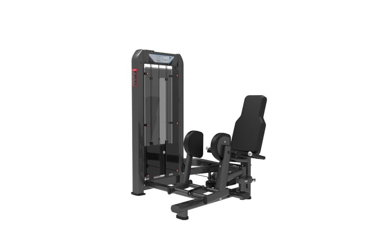 Black leg press exercise machine with padded seat and footrest against white background