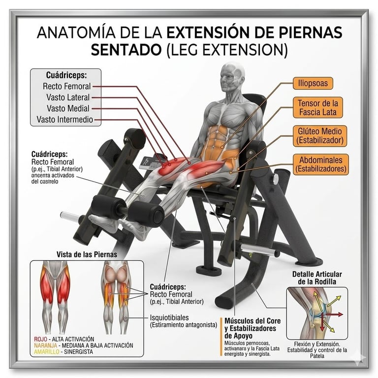 Anatomical diagram showing leg extension exercise on weight machine with labeled muscles and movements including quadriceps, hip flexors, and core stabilizers
