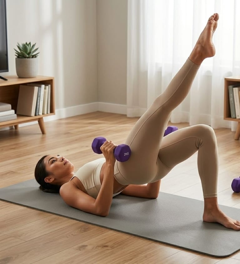 Woman performing a dumbbell exercise on a yoga mat in a bright home gym with wooden shelves and plants