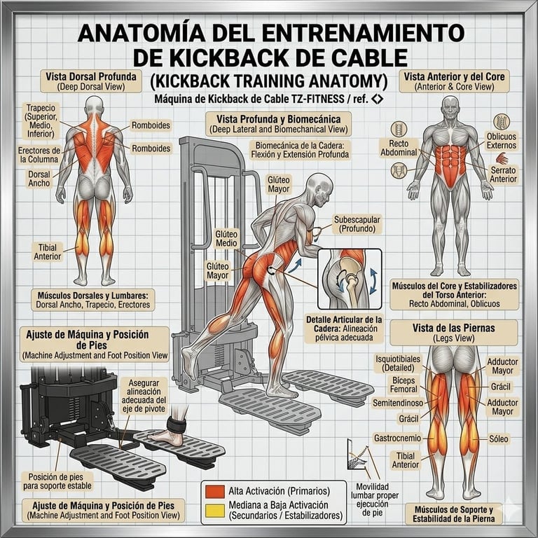 Diagrama anatómico mostrando los músculos trabajados en el ejercicio kick back con máquina, vistas frontal y posterior del cuerpo