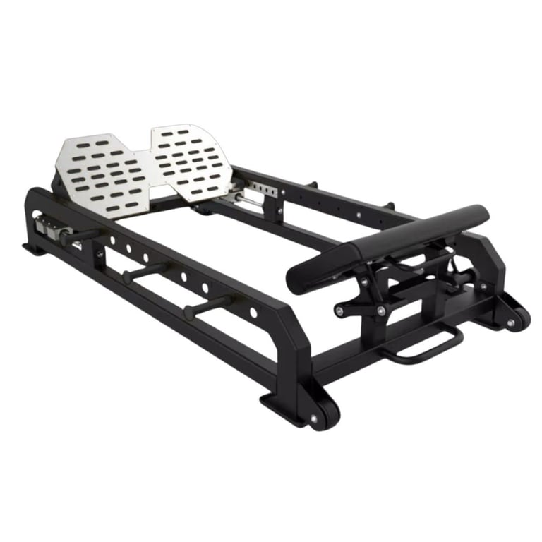 Black leg press exercise machine with white footplates on a white background