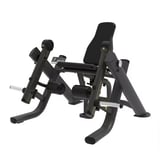 Black leg press exercise machine with padded footrest and adjustable seat for lower body weight training