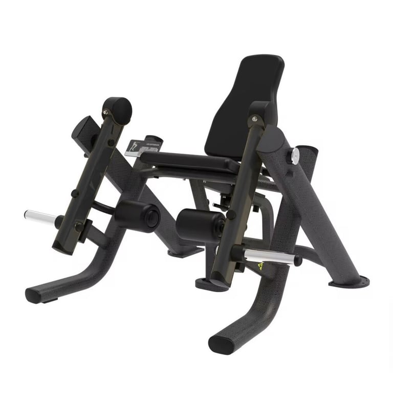 Black leg press exercise machine with padded footrest and adjustable seat for lower body weight training