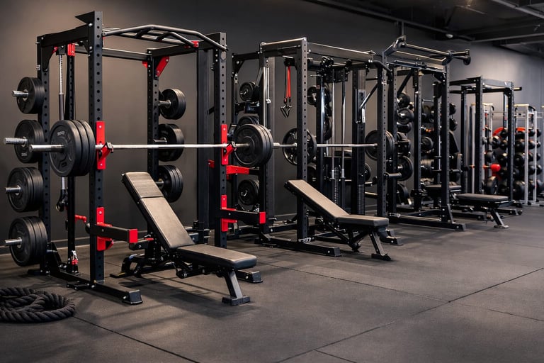Professional gym with multiple black and red weight rack stations, benches, and dumbbells arranged in a modern fitness facility
