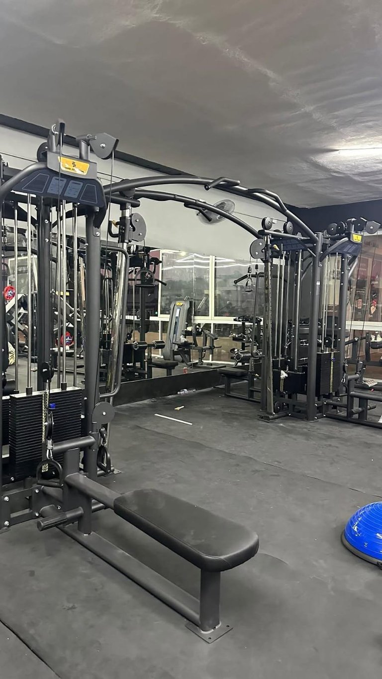 Modern gym interior with exercise machines and city skyline