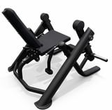 Black leg press exercise machine with adjustable backrest and leg extension attachment on white background