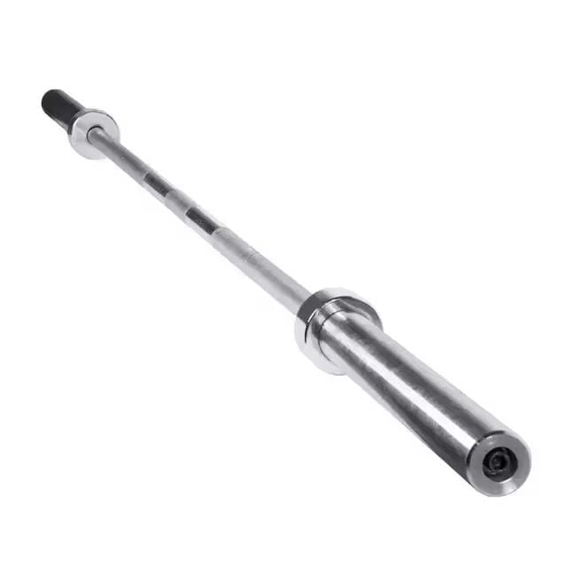 Olympic barbell with chrome and black collars, featuring a rotating sleeve design for weight training