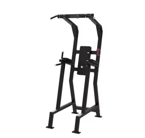 Black free-standing assisted pull-up and dip machine with curved handles and sturdy base frame