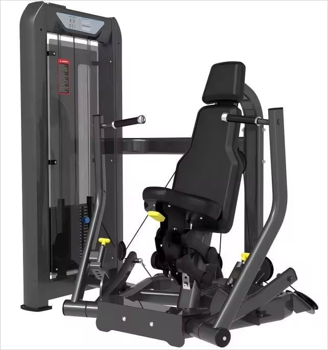 Black gym exercise machine with padded seat, chest press arm lever, and digital display panel