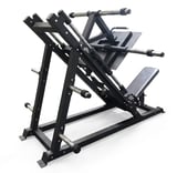 Black leg press machine with adjustable foot platform and weight loading pins