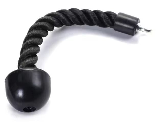 Black battle rope with ball weight attachment and metal handle on white background