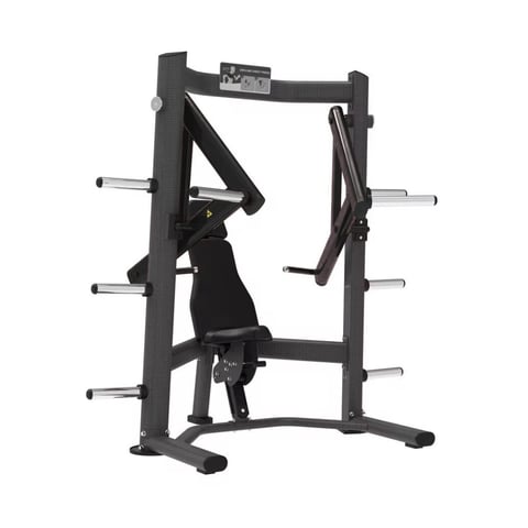 Black commercial weight machine with dual-sided lever arms and foot platform for strength training exercises