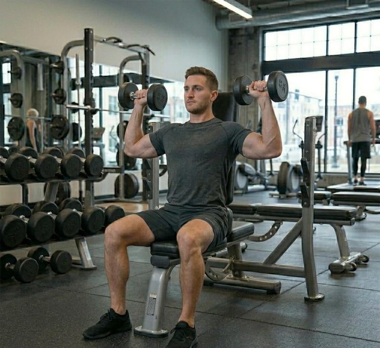 Man performing dumbbell shoulder press exercise while seated on a bench in a modern gym with dumbbells and equipment visible
