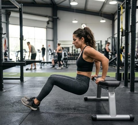 Woman performing tricep dips on a bench in a gym with other exercisers in the background