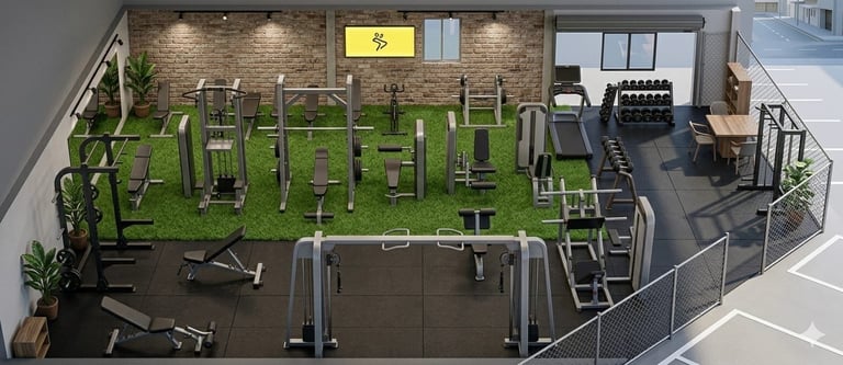 Overhead view of a modern gym with green artificial turf area, black equipment floor, and fitness machines along brick walls