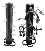 Front and back views of a black cylindrical fitness machine with multiple attached cables and handles for resistance training exercises