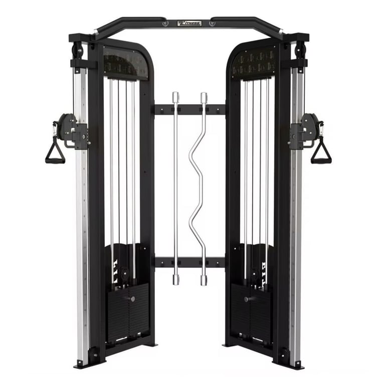 Black cable crossover exercise machine with dual towers, handles, and weight stacks for gym training