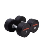 Pair of black 25-pound dumbbells with red text and chrome handles on white background