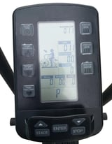 Digital exercise bike computer display showing time, distance, calories, speed, watts, and RPM with control buttons