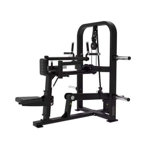 Black commercial leg press machine with footplate and weight stack frame on white background