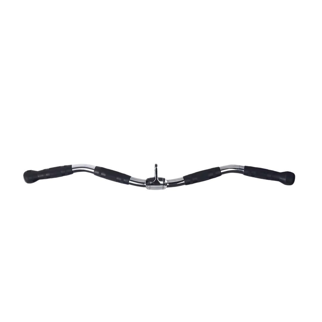 Black curved bicycle handlebar with foam grips and metal center stem against white background