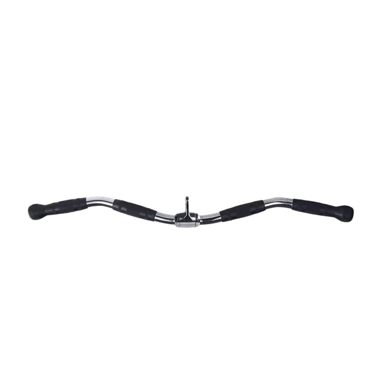 Black curved bicycle handlebar with foam grips and metal center stem against white background