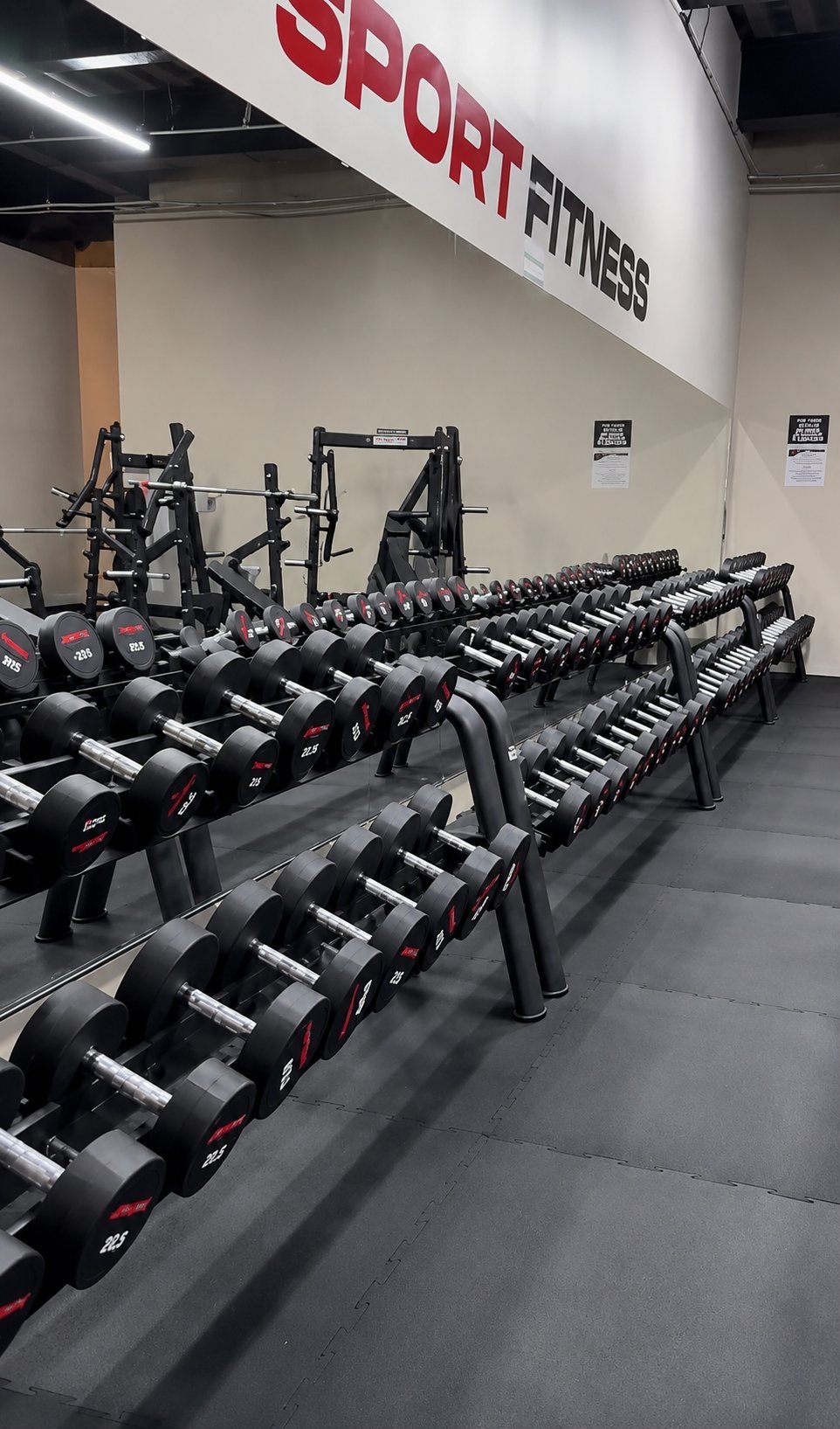 Sport Fitness gym interior with rows of black and red dumbbells and weight training equipment