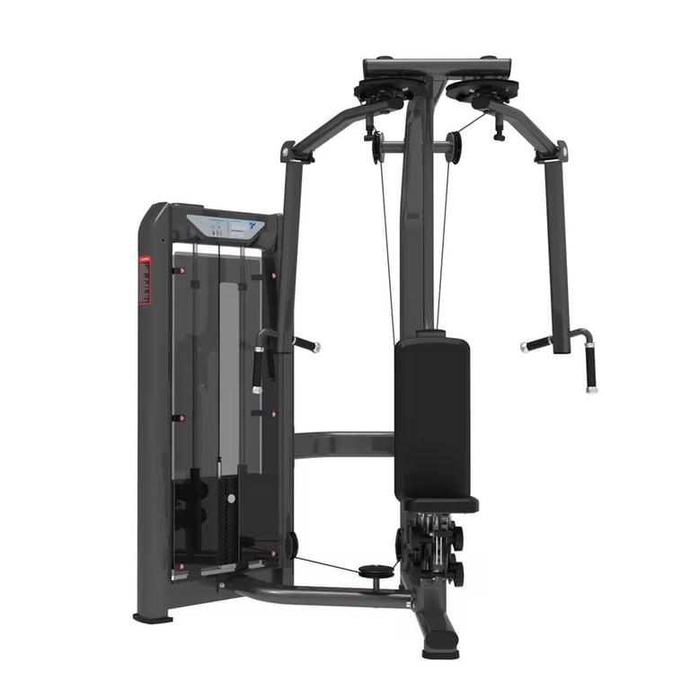 Black commercial pec fly chest press exercise machine with padded handles and weight stack on white background