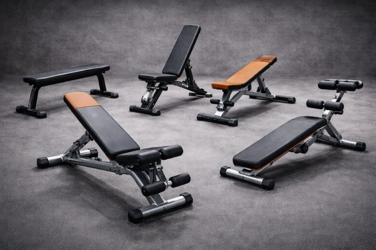Collection of adjustable weight benches and gym equipment arranged on a gray concrete floor