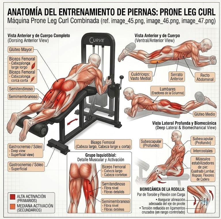 Anatomical diagram showing muscles engaged during prone leg curl exercise on a machine, with multiple views of the posterior leg and muscles activated.