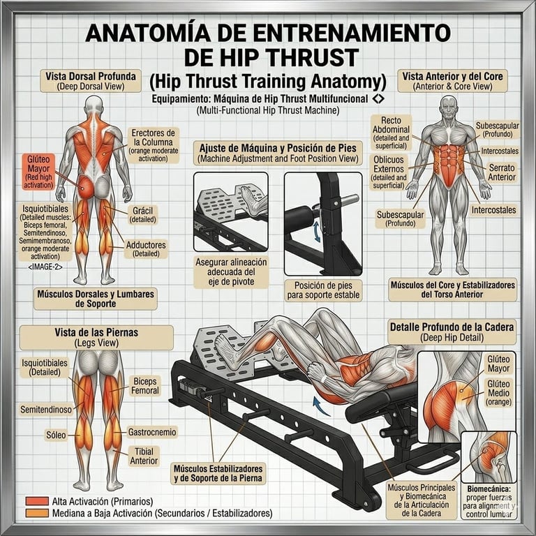Anatomical diagram showing muscles and equipment for hip thrust exercise training in Spanish