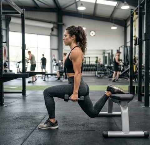 Woman performing a dumbbell lunge exercise in a crossfit gym with other gym-goers in the background