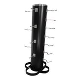 Black cylindrical power strip tower with multiple electrical outlet strips extending from sides and stable base