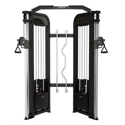 Black cable crossover exercise machine with adjustable weights and dual pulley system for strength training