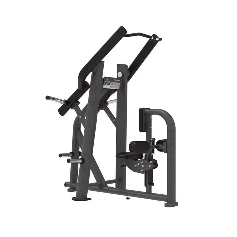 Black commercial gym machine with upper body exercise equipment featuring handles and weight stack