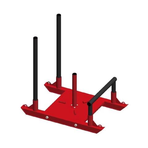 Red weight plate loading rack with black vertical posts and angled loading arms for storing weight plates