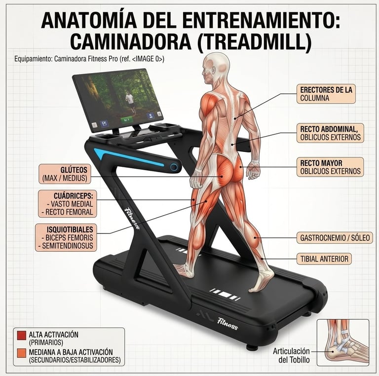 Anatomical diagram showing muscle groups activated during treadmill exercise, with labeled Spanish body parts and equipment display