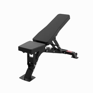 Black adjustable weight bench with padded seat and backrest against white background
