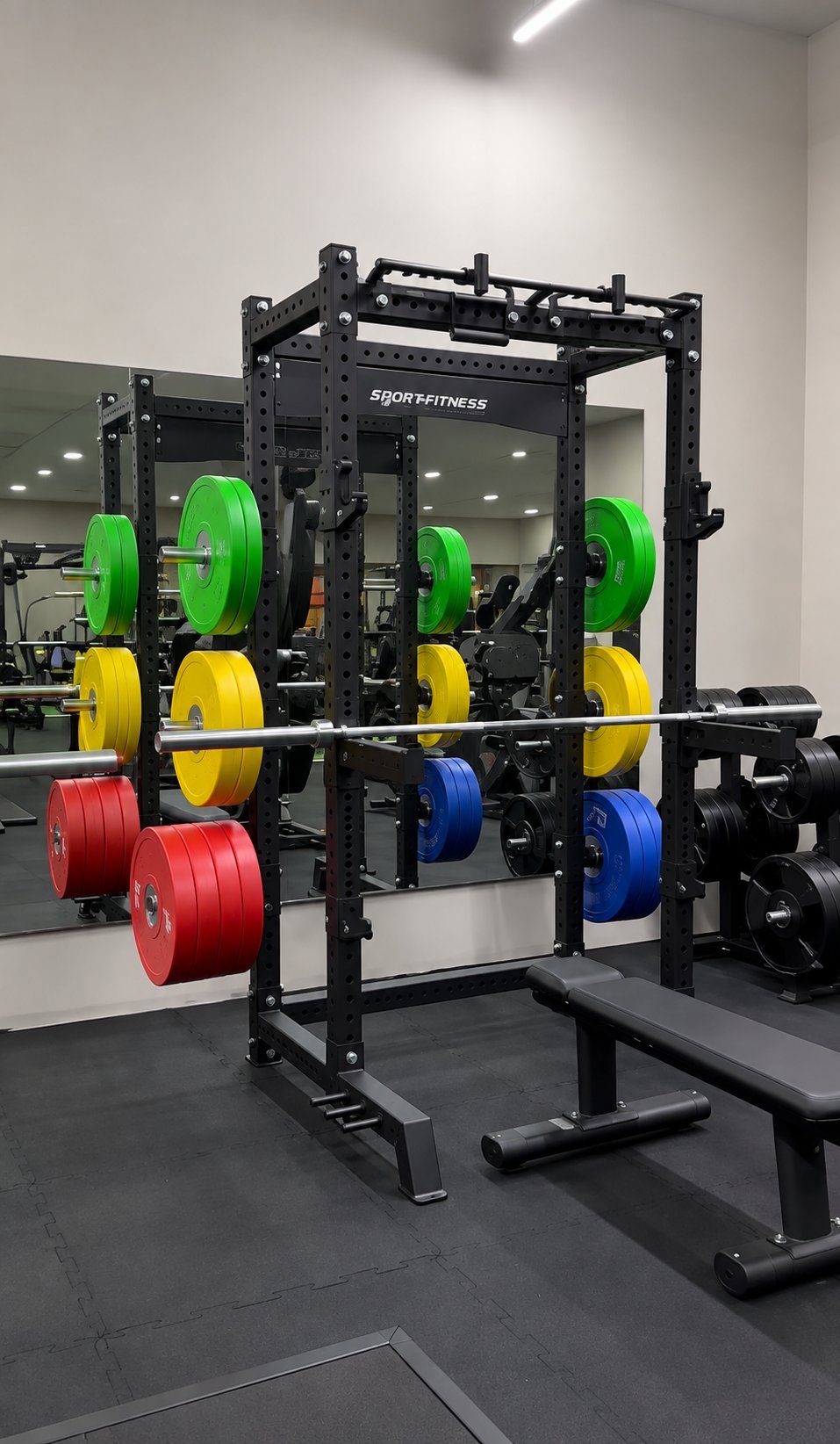Black squat rack loaded with colorful weight plates in green, yellow, red, and blue in a modern gym with mirror backdrop