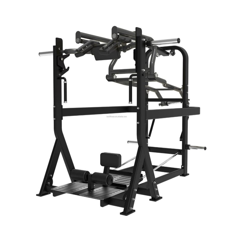 Black multi-station gym equipment with cable machine and weight plates on white background