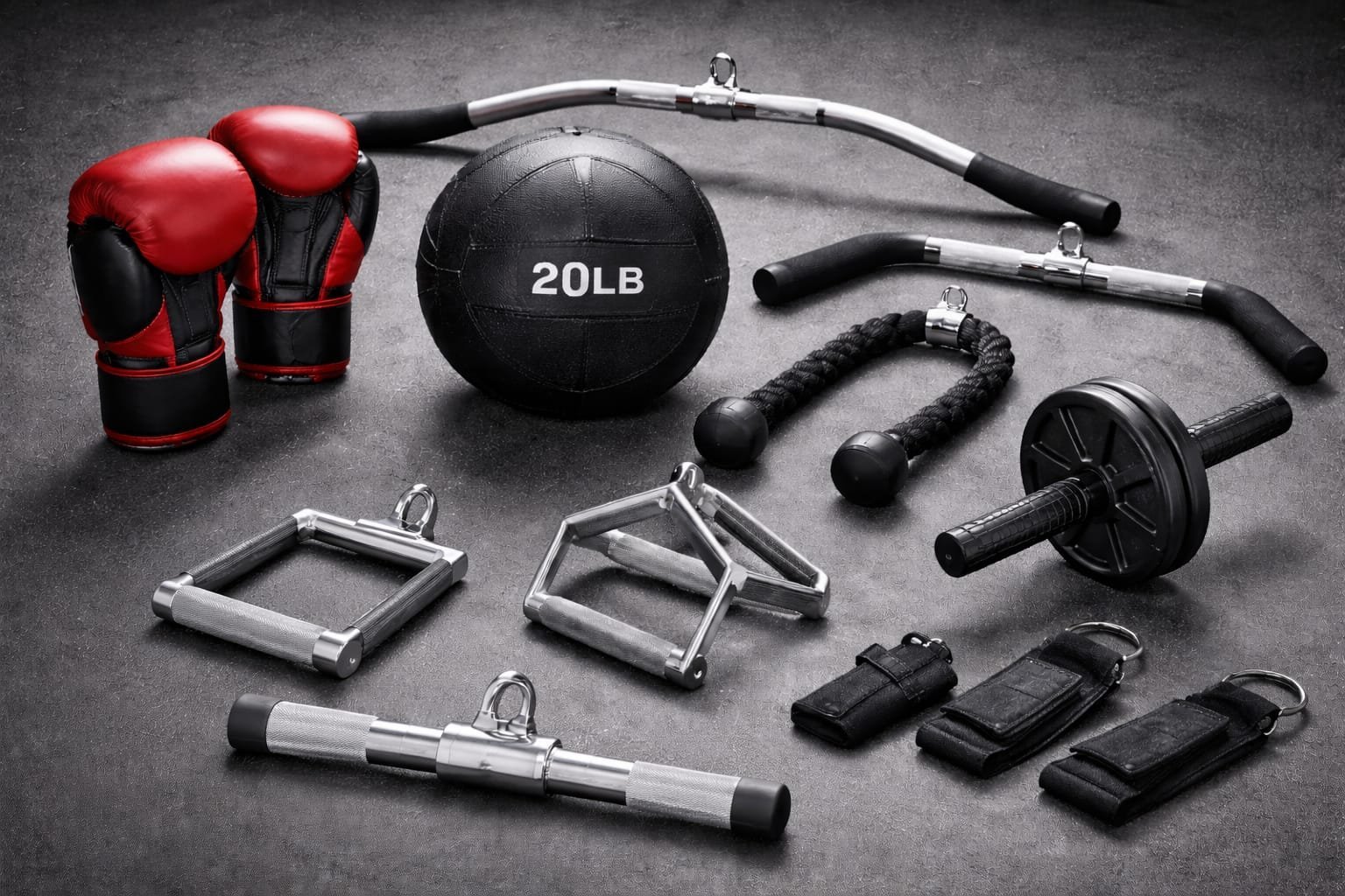 Collection of fitness equipment including red boxing gloves, 20lb medicine ball, resistance bands, jump rope, foam roller, and weights on gray surface