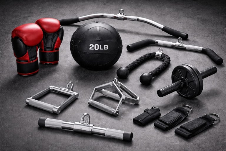 Collection of fitness equipment including red boxing gloves, 20lb medicine ball, resistance bands, jump rope, foam roller, and weights on gray surface