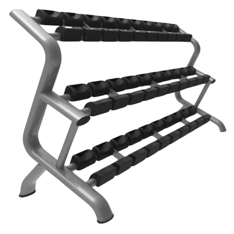 Gray metal dumbbell rack with three tiers of black padded holders for storing weights