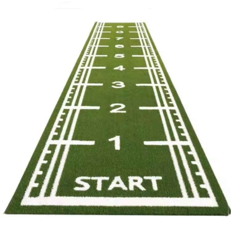 Green running track with white lane markings, yard numbers 1-4, and START line marked at bottom